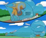 2025 anthro black_outline blue_balloon breasts clous english_text featureless_breasts hi_res imminent_popping implied_popping kittyheart mammal mephitid motion_lines natalie_(torquejx) onomatopoeia outline sequence skunk sky sound_effects text white_text