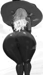  1girl aelion_draws anus aroused ass ass_focus bare_shoulders black_skin breasts colored_skin commentary dark-skinned_female dark_skin dress elden_ring elden_ring_nightreign from_behind greyscale hat heavy_breathing highres huge_ass large_breasts large_hat long_hair monochrome presenting presenting_anus presenting_ass pussy recluse_(elden_ring) simple_background solo steam steaming_body sweat thighs very_dark_skin white_hair witch witch_hat 