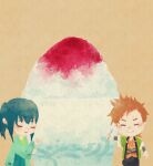  2boys :d black_hakama black_shirt blue_hakama bokujou_monogatari bokujou_monogatari:_mittsu_no_sato_no_taisetsuna_tomodachi brown_hair chibi chibi_only closed_mouth double-parted_bangs food green_hair green_haori green_kimono hair_between_eyes hakama haori hinata_(bokujou_monogatari) holding holding_spoon japanese_clothes jinbei_(clothes) kimono long_hair male_focus multiple_boys open_mouth orange_shirt oversized_food oversized_object parted_bangs ponytail rattail salad726 shaved_ice shirt short_hair side_part sidelocks smile spiked_hair spoon thick_eyebrows wide_sleeves yellow_background yuzuki_(bokujou_monogatari) 