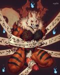 2025 4:5 abs anthro arcanine balls bdsm big_penis biped black_balls black_body black_sclera bondage bound deaddragonp demon digital_media_(artwork) ear_piercing ear_ring erection fangs foreskin fur generation_1_pokemon genitals grin hi_res humanoid_genitalia humanoid_penis laarx male male_anthro multicolored_body multicolored_fur navel nintendo orange_body pecs penis piercing pokemon pokemon_(species) pubes retracted_foreskin ring_piercing smile solo sweaty_pecs tan_body tan_fur teeth yellow_eyes