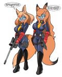 2025 animal_humanoid big_breasts black_boots black_clothing black_footwear black_latex blue_clothing blue_latex blue_leggings blue_legwear blue_leotard boots breasts canid canid_humanoid canine canine_humanoid chaoscroc clothed clothed_female clothed_humanoid clothing dialogue duo english_text female fluffy fluffy_tail footwear fox_ears fox_humanoid gloves gun hair handwear hi_res high_heeled_boots high_heels humanoid latex latex_boots latex_clothing latex_footwear latex_knee_boots latex_leggings latex_legwear latex_leotard leggings legwear leotard mammal mammal_humanoid master mind_control necktie orange_hair orange_tail ranged_weapon red_clothing red_gloves red_handwear rifle shoes sniper_rifle speech_bubble tail text visor weapon yellow_necktie