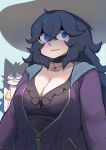  2girls @_@ ahoge bags_under_eyes black_choker black_hair blue_eyes breasts choker cleavage frilled_one-piece_swimsuit frills gengar hair_between_eyes hat hex_maniac_(pokemon) highres hood hood_down humanization jacket jacket_over_swimsuit jewelry john_(a2556349) large_breasts long_hair messy_hair multiple_girls one-piece_swimsuit open_mouth pendant pokemon smile sun_hat sweat swimsuit zipper 