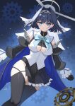  1girl black_gloves black_hair black_skirt black_sleeves black_thighhighs blue_eyes bow bow_earrings breasts chain chain_headband clothing_cutout detached_sleeves earrings gear_background gears gloves hair_intakes halo highres hololive hololive_english jewelry large_breasts looking_at_viewer mechanical_halo ouro_kronii ouro_kronii_(1st_costume) shirt shizukodesu skirt solo thighhighs underboob_cutout virtual_youtuber white_shirt 
