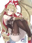  1girl ass bare_shoulders black_leotard blonde_hair blush bodysuit clothing_cutout commentary_request crossed_bangs diamond-shaped_pupils diamond_(shape) dragon_girl dragon_horns dragon_tail dragon_wings earrings feather_earrings feathers hair_between_eyes head_tilt highres horns hugging_own_legs isei_sei jewelry leotard long_hair looking_at_viewer lumiore_(shadowverse) multicolored_hair pointy_ears red_feathers red_hair scales shadowverse shoulder_cutout simple_background single_earring single_hair_intake single_wing smile solo symbol-shaped_pupils tail white_background white_bodysuit wings yellow_eyes 