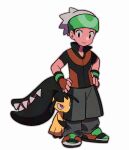  1boy black_eyes black_hair black_pants black_shorts brendan_(pokemon) closed_mouth collared_shirt eye_contact fingerless_gloves full_body gloves hands_on_own_hips hat hugging_another&#039;s_leg looking_at_another male_focus mawile pants pokemon pokemon_rse popped_collar red_eyes sharp_teeth shirt shoes short_hair short_sleeves shorts sideburns simple_background smile sneakers standing teeth tyako_089 white_background 