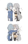  2girls black_dress blue_eyes blue_jacket blue_pants boots chinese_clothes commentary_request crack cracked_wall dress fu_hua fu_hua_(valkyrie_accipiter) glasses grey_hair hair_ornament herrscher_of_sentience highres honkai_(series) honkai_impact_3rd jacket juliet_sleeves kabedon long_hair long_sleeves multiple_girls one_eye_closed pants puffy_sleeves red-framed_eyewear red_eyes simple_background sparkle tya_tya_3rd very_long_hair white_background 