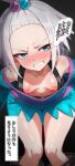  1girl absurdres blue_eyes blush breasts clenched_teeth collarbone downblouse dress forehead freckles hair_bobbles hair_ornament highres meshiiro_(rome_sy) navel nipples nose_blush pokemon pokemon_bw2 roxie_(pokemon) short_hair small_breasts solo speech_bubble steaming_body striped_clothes striped_dress teeth thighs topknot translation_request v-shaped_eyebrows white_hair 