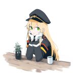  1girl absurdres bilingual_commentary black_hat black_jacket blonde_hair commentary cup english_commentary girls'_frontline gloves green_eyes hat head_rest highres indonesian_commentary jacket long_hair long_sleeves looking_at_viewer military_hat military_jacket mixed-language_commentary myticalcat sideways_glance simple_background smile solo stg44_(girls'_frontline) white_background white_gloves 