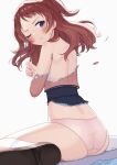  1girl absurdres asigaru3000 ass blue_eyes blue_overskirt blush brown_hair covering_chest covering_privates cropped_jacket from_behind from_side gakuen_idolmaster hanami_saki hatsuboshi_gakuen_school_uniform highres idolmaster jacket loafers medium_hair one_eye_closed panties pink_jacket pink_panties pout school_uniform shoes sitting skirt solo torn_clothes torn_jacket torn_skirt two_side_up underwear wariza 