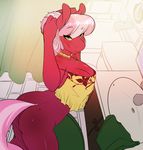  2015 anthro anthrofied avante92 bathroom bottomless butt cheerilee_(mlp) cleavage clothed clothing earth_pony equine female friendship_is_magic green_eyes hair horse mammal mouth_hold my_little_pony pony shirt solo two_tone_hair 