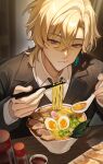  1boy :t absurdres aqua_pupils aventurine_(honkai:_star_rail) beef black_jacket black_necktie black_suit blonde_hair blurry blurry_background bowl char-siu chopped_spring_onion chopsticks closed_mouth collared_shirt commentary_request cup curtained_hair danha double-parted_bangs earrings eating egg_yolk fingernails food formal_clothes gyuudon hair_between_eyes hair_intakes hands_up hashtag-only_commentary highres holding holding_chopsticks honkai:_star_rail honkai_(series) indoors jacket jewelry kamaboko lapels layered_sleeves lettuce long_sleeves looking_at_viewer male_focus menma mixed-language_commentary multicolored_eyes narutomaki necktie noodles nori_(seaweed) notched_lapels purple_eyes ramen sauce shirt short_hair sidelocks single_earring softboiled_egg solo spoon suit suit_jacket sushi table two-tone_eyes upper_body white_shirt wing_collar wooden_table 