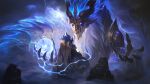  1other absurdres armor aurelion_sol_(league_of_legends) building claws crown dragon eastern_dragon floating glowing glowing_eyes highres kudos3d league_of_legends long_hair magic mountain night official_alternate_costume official_art orb outdoors pauldrons sharp_teeth shoulder_armor storm_dragon_aurelion_sol tail teeth thunder white_hair wide_shot zuoan_dong 