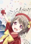  1girl :d beamed_eighth_notes beret bow bowtie brown_hair commentary_request eighth_note hat hat_bow highres love_live! love_live!_nijigasaki_high_school_idol_club musical_note musical_staff nakasu_kasumi open_mouth outstretched_arm piano_keys red_eyes red_hat red_scrunchie scrunchie short_hair short_sleeves smile solo teeth toma_(shinozaki) upper_body upper_teeth_only wide_sleeves wrist_scrunchie yellow_bow yellow_bowtie 