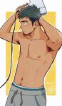  1boy armpits bacibaci1129 bara cowboy_shot hair_dryer highres male_focus male_underwear male_underwear_peek navel navel_hair nipples original short_hair skinny solo standing stomach tan thick_eyebrows topless_male underwear 