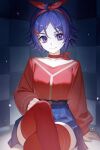  1girl bad_source belt blue_eyes blue_hair blue_skirt bow bow_choker bow_hairband choker collarbone crossed_legs facing_viewer figure_four_sitting hair_ornament hairband hairclip hand_on_ground hand_on_own_thigh highres long_sleeves looking_at_viewer miside mita_(miside) official_art pleated_skirt red_choker red_hairband red_shirt red_thighhighs shirt shirt_tucked_in short-haired_mita_(miside) sitting skirt smile solo thighhighs 