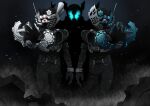  3boys absurdres antennae black_background black_bodysuit bodysuit compound_eyes cowboy_shot engine engine_bro&#039;s gears glowing green_eyes highres kamen_rider kamen_rider_build_(series) kamen_rider_rogue male_focus multiple_boys open_hands otokamu red_eyes remocon_bro&#039;s shadow steam symmetrical_hand_pose symmetrical_pose 