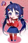  1girl ahoge bad_source blue_eyes blue_hair blue_skirt blush bow bow_choker box chibi chibi_mita_(miside) choker facing_viewer full_body gift gift_box hair_ornament hairband highres holding holding_gift long_sleeves looking_at_viewer miside mita_(miside) official_art open_mouth pleated_skirt red_hairband red_shirt red_thighhighs shirt skirt smile solo standing thighhighs twintails 