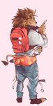 2023 absurd_res anthro backpack big_butt biped bottomwear bottomwear_down boxers_(clothing) brown_body brown_fur bubble_butt butt cellphone claws clock clothed clothed_anthro clothed_male clothing denim denim_bottomwear denim_clothing electronics eyes_mostly_closed felid finger_claws fingers frown full-length_portrait fur gold_(metal) gold_watch harryharold hi_res holding_cellphone holding_object holding_phone holding_smartphone humanoid_hands jeans lion looking_down male mammal mane narrowed_eyes pantherine pants pants_down partially_clothed phone pink_background portrait rear_view sagging_pants simple_background smartphone solo standing tail underwear watch wristwatch