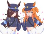  :o animal_ears armband belt black_hair blue_archive blue_hat blue_jacket commentary cosplay dewanewbie ears_through_headwear fang gloves hair_over_one_eye hat heart highres hikari_(blue_archive) hikari_(blue_archive)_(cosplay) holding_hands horse_ears horse_girl hoshitani_mio iwami_manaka jacket kepi leg_hold leg_up long_hair long_sleeves looking_at_viewer mayano_top_gun_(umamusume) military_hat navel no_pants nozomi_(blue_archive) nozomi_(blue_archive)_(cosplay) open_mouth orange_eyes orange_hair panties pantyhose purple_eyes rice_shower_(umamusume) sam_browne_belt skin_fang smile standing torn_clothes torn_pantyhose two_side_up umamusume underwear voice_actor_connection white_background white_gloves white_panties 