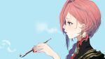  1girl absurdres blue_background blue_eyes braid braided_ponytail chinese_clothes commentary_request from_side glasses hair_over_shoulder highres holding holding_smoking_pipe hololive kafan long_hair nail_polish official_alternate_costume official_alternate_hairstyle pink_hair red_nails simple_background smoking_pipe solo takane_lui takane_lui_(5th_costume) tassel virtual_youtuber 