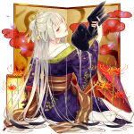  1girl animal back bare_shoulders bird bird_on_hand brown_eyes bug butterfly cherry_blossoms chicken chinese_zodiac comb eagle feathers floral_print flower folding_fan from_behind full_body giuniu hair_bun hair_ornament hair_stick hand_fan holding japanese_clothes kimono kiseru lipstick long_hair long_sleeves looking_at_viewer looking_back makeup morigan_raven nail_polish nape non-web_source obi off_shoulder oil-paper_umbrella open_mouth orange_eyes parted_lips petals ponytail purple_kimono red_eyes red_lips red_nails sandals sash sitting smile smoking_pipe snake socks solo tabi transparent_background uchi_no_hime-sama_ga_ichiban_kawaii umbrella very_long_hair white_hair wide_sleeves year_of_the_rooster yokozuwari 