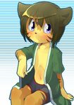  2011 anthro black_nose blue_eyes blush brown_hair clothed clothing cub feline fur hair male mammal navel orange_fur raijin shota sitting solo tiger young 