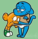  annoyed blue_fur brothers bulge cartoon_network cat clothing darwin_watterson duo fangs feline fish fur gay gumball_watterson looking_at_viewer male mammal marine navel orange_body peeking penis shirt shoes sibling smile the_amazing_world_of_gumball underwear whiskers 