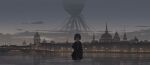  1girl bridge city city_lights cityscape cloud cloudy_sky coat collared_shirt dome double-parted_bangs dusk finger_to_mouth giant giant_monster grey_hair hand_in_pocket hand_to_own_mouth highres horror_(theme) in_water laluna lamppost long_coat long_sleeves looking_at_viewer open_clothes open_coat original pleated_skirt reflection reflective_water ripples river scenery shirt short_hair shushing skirt sky solo spire standing straight-on wading wide_shot 