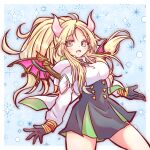  1girl ahoge black_dress black_gloves blonde_hair blush breasts dragon_horns dragon_wings dress duel_monster ecclesia_(yu-gi-oh!) gloves horns incredible_ecclesia_the_virtuous jacket large_breasts long_hair long_sleeves looking_at_viewer momobesaeka official_alternate_costume official_alternate_hairstyle open_mouth ponytail smile solo thighs white_eyes white_jacket wings yu-gi-oh! 