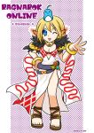  1girl 2011 animal_on_head argyle_clothes argyle_dress belt bird bird_on_head blonde_hair blue_bird blue_eyes blush breasts brown_sandals character_name cleavage commentary_request copyright_name detached_sleeves dress full_body fur_collar looking_at_viewer medium_breasts medium_hair on_head one_eye_closed open_mouth pointy_ears polka_dot polka_dot_background purple_belt ragnarok_online sandals side_slit sleeveless sleeveless_dress smile solo sorcerer_(ragnarok_online) standing white_dress white_sleeves yazawa_kazuki 