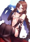  1girl adjusting_eyewear black-framed_eyewear black_dress black_gloves braid breasts brown_hair center_opening closed_mouth collarbone consort_yu_(fate) consort_yu_(fate/grand_order) dress dutch_angle ear_piercing eyebrows_visible_through_hair fate/grand_order fate_(series) glasses gloves gogatsu_fukuin highres long_hair looking_at_viewer medium_breasts megane no_bra nopan piercing red_eyes ribbon-trimmed_dress sidelocks single_braid sitting very_long_hair zoom_layer 