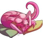  2015 avante92 bed big_breasts breasts brown_eyes equine fan_character female hair horn lamia looking_at_viewer lying mammal my_little_pony nipples nude on_back pillow pink_hair pussy slit_pupils solo unicorn 