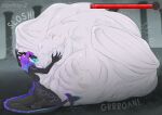 ambiguous_gender ambiguous_prey anthro anthro_pred belly big_belly black_body black_horn black_sclera blue_eyes blue_hair blue_markings blue_tongue bodily_fluids dragon drooling duo female female_pred gameplay_mechanics gui hair health_bar hi_res horn huge_belly hyper hyper_belly kneeling markings multicolored_hair mythological_creature mythological_scalie mythology narrowed_eyes nipples nude open_mouth purple_hair purple_markings purple_nipples saliva santanahoffman scalie side_view tongue tongue_out two_tone_hair vore white_body