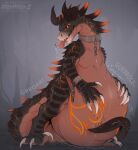 ambiguous_gender ambiguous_pred ambiguous_prey belly big_belly black_horn black_markings deathclaw duo fallout feral feral_pred fully_inside grey_body hi_res horn huge_claws looking_at_viewer markings microsoft narrowed_eyes orange_markings red_body red_tongue santanahoffman scalie semi-anthro simple_background solo_focus tongue tongue_out vore yellow_eyes