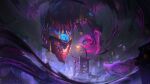  1other absurdres aurelion_sol_(league_of_legends) building city city_lights claws crown dragon eastern_dragon floating glowing glowing_eyes highres inkshadow_aurelion_sol kudos3d league_of_legends lejia_chan long_hair magic night night_sky official_alternate_costume orb outdoors red_hair rope science_fiction sharp_teeth sky tail teeth wide_shot 