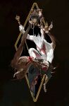  2boys baldur&#039;s_gate baldur&#039;s_gate_3 black_background black_coat black_hair cc00oe claws coat crown decapitation dragon_boy dragon_horns dragonborn_(d&amp;d) dungeons_&amp;_dragons enver_gortash furry furry_male guro highres holding holding_detached_head holding_scepter horns intestines knee_up male_focus multiple_boys scepter severed_head short_hair slayer_(baldur&#039;s_gate) the_dark_urge_(baldur&#039;s_gate) 