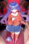  2girls bad_source blue_hair blue_skirt blush bow bow_choker breasts chibi chibi_mita_(miside) choker collarbone door doorknob floating_hair hair_between_eyes hair_ornament hairclip hand_on_own_chest highres indoors jewelry kind_mita_(miside) large_breasts long_bangs long_hair long_sleeves looking_at_viewer looking_up miside mita_(miside) multiple_girls official_art open_mouth pleated_skirt red_sweater red_thighhighs ring robot shoes skirt standing sweater thighhighs 