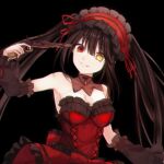  1girl black_background black_hair breasts cleavage closed_mouth date_a_live date_a_live:_date_a_bullet dress frilled_dress frills gun gun_to_head heterochromia highres holding holding_gun holding_weapon long_hair looking_at_viewer red_dress red_eyes saint_laurent_paris smile solo tokisaki_kurumi twintails very_long_hair weapon yellow_eyes 