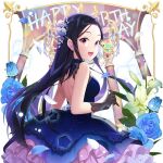  1girl :d backless_dress backless_outfit bare_shoulders black_dress black_flower black_gloves black_hair black_rose blue_dress blue_flower blue_hair blue_ribbon blue_rose blush breasts card_(medium) character_name choker clarice_lapis cowboy_shot crown double_bun dress dutch_angle elbow_gloves floral_print flower forehead frilled_dress frilled_skirt frills from_behind gloves hair_bun hair_flower hair_intakes hair_ornament hair_ribbon happy_birthday holding holding_instrument holding_microphone instrument jewelry lace lace-trimmed_gloves lace_trim layered_dress layered_skirt leaf long_hair looking_at_viewer looking_back looking_to_the_side medium_breasts microphone microphone_stand music non-web_source open_mouth parted_bangs petals pink_eyes pink_flower pink_rose purple_dress purple_eyes purple_flower purple_rose red_eyes red_flower red_rose ribbon rose rose_print round_teeth salt_(salty) see-through_clothes short_dress sidelocks skirt sleeveless sleeveless_dress small_breasts smile solo sparkle standing teeth thighhighs tiara uchi_no_hime-sama_ga_ichiban_kawaii upper_teeth_only very_long_hair weapon white_background white_flower white_ribbon white_rose yellow_flower yellow_rose 