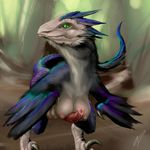  antar_dragon blue_feathers breasts dewclaw dickgirl dinosaur erection feral green_eyes intersex multi_breast nipples penis purple_feathers self_titfuck slit_pupils solo 