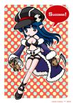  1girl baphomet_jr black_hat black_shoes black_shorts black_tank_top blue_cape blue_eyes blue_hair blue_sleeves breasts cape cigarette cleavage clothing_cutout commentary_request detached_sleeves english_text full_body fur-trimmed_cape fur-trimmed_sleeves fur_trim hat hat_ornament long_hair looking_at_viewer medium_breasts newsboy_cap pointy_ears polka_dot polka_dot_background ragnarok_online red_background scythe shoes short_shorts shorts skull_hat_ornament solo spiked_anklet stalker_(ragnarok_online) stomach_cutout tank_top waist_cape yazawa_kazuki 