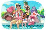  1boy 3girls ahoge anger_vein arched_bangs barefoot beak bird black_hair blush_stickers clodsire closed_mouth colored_skin earrings feet flamigo flower green_hair hair_flower hair_ornament hammer hawaiian_shirt huge_weapon jewelry larry_(pokemon) leg_hair long_hair multicolored_hair multiple_girls nicca_(nicca11y) one-piece_swimsuit open_mouth petals pink_flower pink_skin pokemon pokemon_(creature) pokemon_sv ponytail pool poppy_(pokemon) red_eyes red_flower reverse_trap rika_(pokemon) shirt soles sunglasses swimsuit tinkaton toes two-tone_hair visor_cap weapon white_flower yellow_flower 
