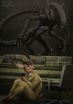 alien alien_(franchise) ambiguous_gender anthro antlers big_claws black_body black_tail bodily_fluids brown_antlers brown_body brown_eyes brown_fur claws clothed clothing deer dripping duo fur hi_res horn mammal mouth_closed overalls saliva saliva_drip santanahoffman sharp_teeth sitting standing tail tan_clothing tan_overalls teeth white_body white_fur xenomorph