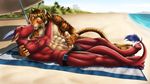  2015 abs anthro beach clothing dragon dream_and_nightmare drooling duo erection exhibitionism feline fur gay hair horn hybrid kissing lying male mammal muscles nude open_mouth outside penis public saliva sand sea seaside sex speedo summer swimsuit tiger tongue tongue_out water 