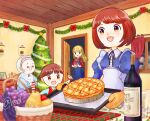  1boy 3girls :d apron back_bow basket blonde_hair blue_dress blue_eyes blue_overalls blue_shirt blunt_bangs blunt_ends blurry blurry_foreground bob_cut bokujou_monogatari bokujou_monogatari:_mineral_town_no_nakama_tachi bokujou_monogatari:_saikai_no_mineral_town bottle bow bowl_cut brother_and_sister brown_hair christmas christmas_tree claire_(bokujou_monogatari) curtains dress elli_(bokujou_monogatari) food frilled_suspenders fruit garland_(decoration) gift gift_bag glass grandmother_and_granddaughter grandmother_and_grandson grapes harvest_sprite_(bokujou_monogatari) highres holding holding_gift holding_toy holding_tray holly_print indoors juliet_sleeves knitting knitting_needle lace-trimmed_shirt_collar lantern long_hair long_sleeves maid_apron multiple_girls neck_ribbon needle open_door orange_eyes overalls parted_bangs pear photo_(object) pie puffy_sleeves red_bow red_scarf red_shirt red_sweater_vest ribbon rounded_collar scarf shirt short_sleeves siblings sidelocks smile star_(symbol) striped_clothes striped_scarf sweater_vest swept_bangs teeth tinsel toy tray twitter_username underbust upper_teeth_only user_ptvp4444 v-shaped_eyebrows white_coif white_scarf window wine_bottle wooden_ceiling wooden_door wrinkled_skin 