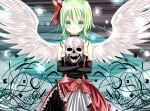  1girl 2000s_(style) angel angel_wings black_dress black_gloves blush chikuwa_savy closed_mouth cowboy_shot dress elbow_gloves feathered_wings flower gloves green_eyes green_hair gumi hair_between_eyes hair_ribbon holding holding_skull lace-trimmed_gloves lace_trim looking_at_viewer red_flower red_ribbon red_rose ribbon rose short_hair skull smile solo standing straight-on strapless strapless_dress vocaloid white_wings wings 