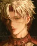  1boy absurdres artist_name burn_scar character_name colored_inner_hair commentary cross cross_earrings earrings english_commentary grey_eyes heterochromia highres jewelry jvn looking_at_viewer male_focus multicolored_hair parted_lips portrait red_hair scar scar_(wuthering_waves) scar_on_face short_hair solo streaked_hair tacet_mark_(wuthering_waves) white_hair wuthering_waves 