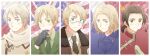  5boys ahoge america_(hetalia) american_flag american_flag_background arrow_(symbol) axis_powers_hetalia belt black_gloves blonde_hair blue_capelet blue_eyes blush border brown_belt brown_coat brown_eyes brown_hair brown_jacket capelet changpao china_(hetalia) chinese_clothes closed_mouth coat collared_capelet collared_coat collared_shirt commentary_request flag_background france_(hetalia) french_flag fur-trimmed_jacket fur_trim glasses gloves green_eyes green_jacket green_necktie green_shirt grey-framed_eyewear hand_on_own_chin hand_up jacket lapels long_hair long_sleeves looking_at_viewer low_ponytail male_focus mandarin_collar medal military_jacket military_uniform multiple_boys necktie open_clothes open_jacket people&#039;s_republic_of_china_flag ponytail purple_eyes red_shirt russia_(hetalia) russian_flag scarf semi-rimless_eyewear shirt short_hair smile sora-yomi star_(symbol) star_ornament star_print striped_background teeth union_jack united_kingdom_(hetalia) upper_body white_border white_hair white_scarf white_shirt wide_sleeves wing_collar 