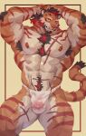 2025 abs absurd_res amenohi29 anthro areola arm_scar armpit_hair asian_clothing barazoku beard black_claws black_hair body_hair bulge buzanpaku chest_scar claws clothed clothing east_asian_clothing elbow_fur facial_hair felid finger_claws fundoshi fundoshi_only fur hair hand_above_head hi_res highlights_(coloring) hip_scar japanese_clothing leg_scar male mammal multicolored_body multicolored_fur muscular muscular_anthro muscular_male muscular_thighs navel nipples orange_body orange_eyes orange_fur pantherine pecs red_highlights scar solo striped_body striped_fur stripes tail tan_body tan_fur thigh_scar tiger topless underwear underwear_only warm_colors whiskers