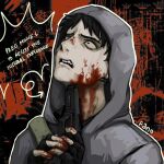  1boy arrow_(symbol) bag black_eyes black_hair blood blood_on_face blood_on_hands bloodshot_eyes cry_of_fear crying crying_with_eyes_open dilated_pupils english_text fanomilov fingerless_gloves gloves grey_hoodie gun gun_to_chin gun_to_head highres holding holding_gun holding_weapon hood hood_up hoodie imminent_suicide male_focus narrowed_eyes open_mouth outline short_hair shoulder_bag simon_henriksson solo tears teeth upper_body upper_teeth_only weapon white_outline worried 